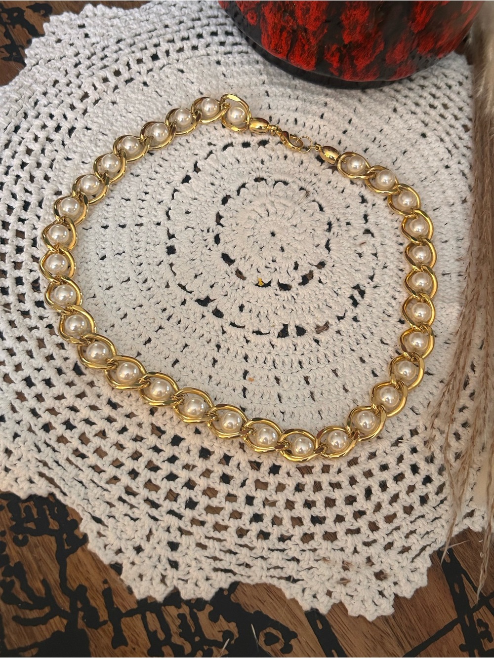 Vintage Gold Tone & Faux Pearl Statement Necklace | Unsigned Chunky Link